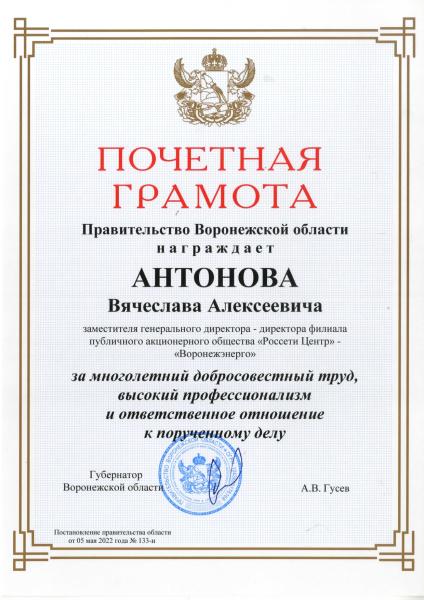 Директор Воронежэнерго награжден почетной грамотой правительства области